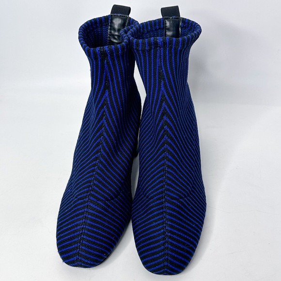 ZARA Trafaluc Sock Ankle Boots Size 6 Booties Blue Black Stripe Knit Block Heel - Picture 2 of 10